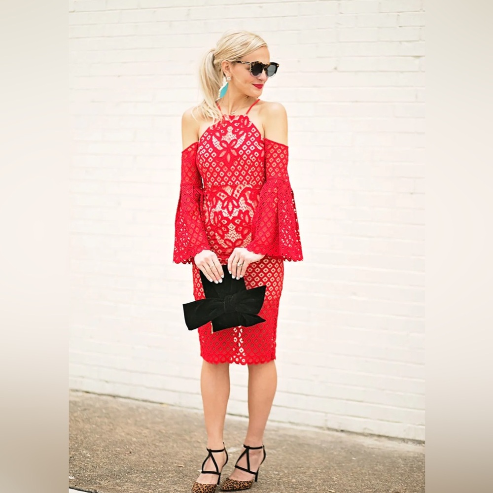 🆕(NWT) BARDOT (Mila Lace Off-The-Shoulder Mini/Midi Dress in Vivid Red. US 8 /MD